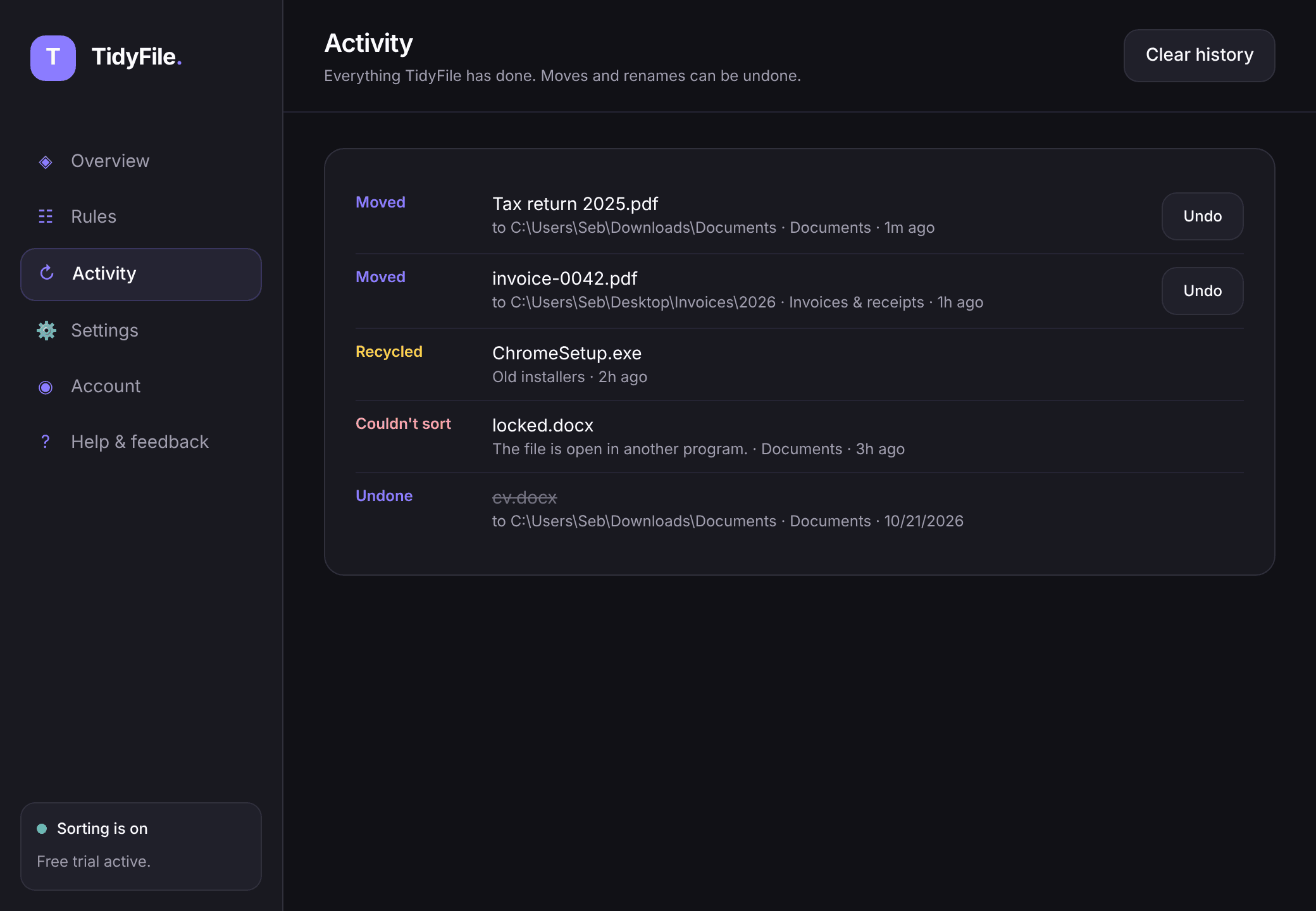 TidyFile activity log showing moved, recycled and undone files with Undo buttons